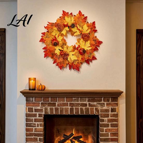 Autumn Door Decor Fall Sunflower Maple Leaf Wreath with Pumpkin Pinecone Thanksgiving Harvest Artificial Holiday Party Supplies Wreath Indoor