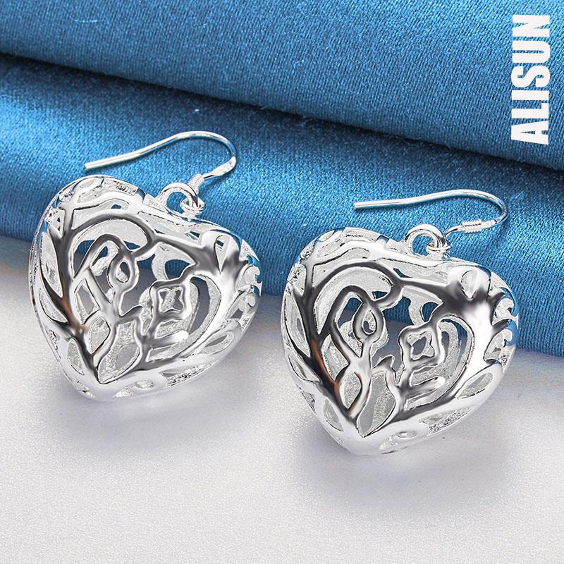 925 Srebrne kolczyki w kształcie serca z geometrycznym wzorem Hollow Piercing Modna biżuteria ślubna