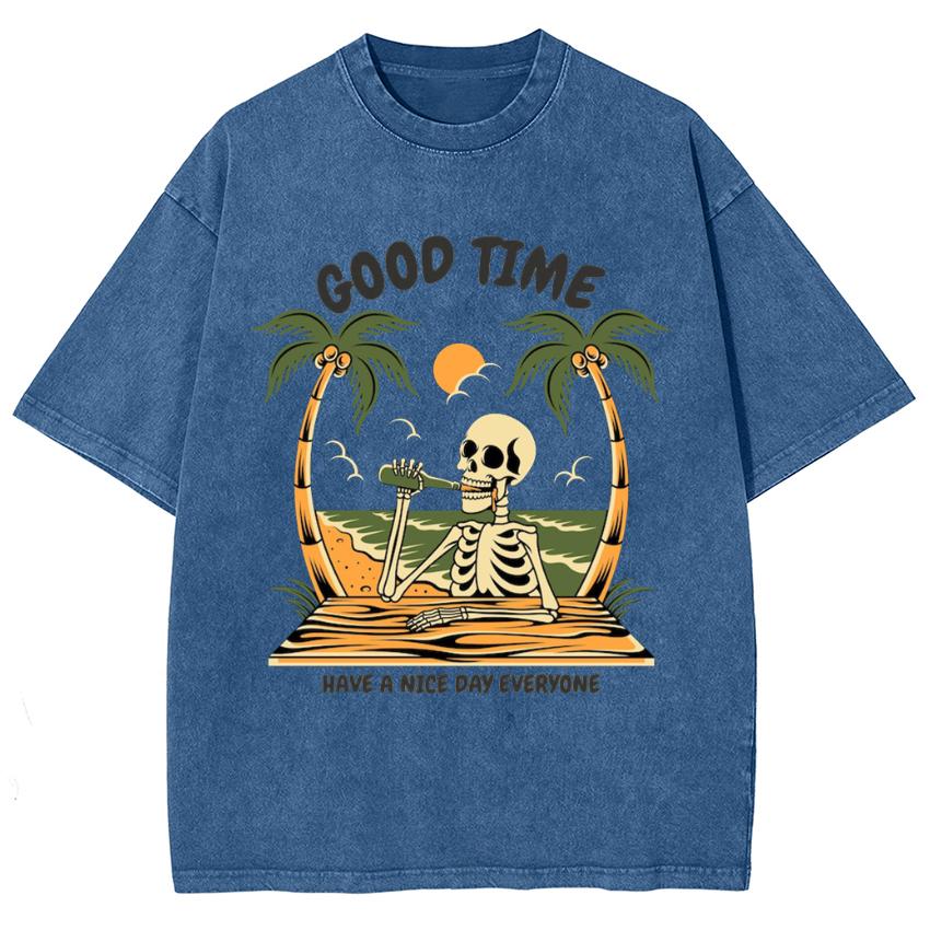 Women's T-shirt Washed Denim Fabric Oversizedl Skull Print Crew Neck Loose Neutral Short Sleeve Handsome Cool Top