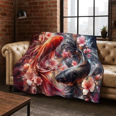 Luxe Geluks Koi Vis Yin Yang Karper Cartoon Flanellen Deken, Gezellige Zachte Plaid voor Huis Slaapkamer Bed Bankhoes Cadeau Kind