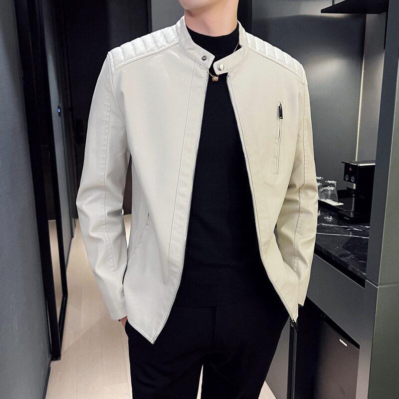 Jaqueta de couro masculina para motocicleta, primavera e outono, casual, gola alta, cor sólida, branca, preta, jaqueta de couro, zíper, casaco de PU