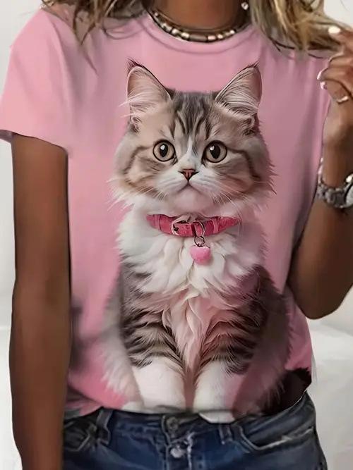 Summer Cute Cat Graphic Flower 3D Print T-Shirts Women Casual O-Neck Short Sleeve T Shirt Harajuku Y2k Tees Tops Female Clothing