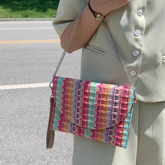 2025 Summer Straw Clutch Purse Bohemian Colorful Striped Wristlet Bag Hand-Woven Chic Hobo Bag Women's Retro Chain Crossbody Bag