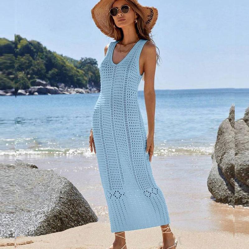 Women's Scoop Neck Sleeveless Crochet Maxi Dress Bodycon High Waist Casual Beach Cover Up