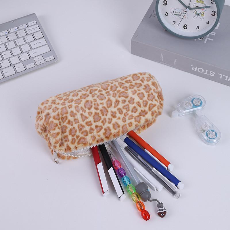 Sweet Cool Plush Leopard Print Pencil Case With Large Capacity For Students And Makeup Storage