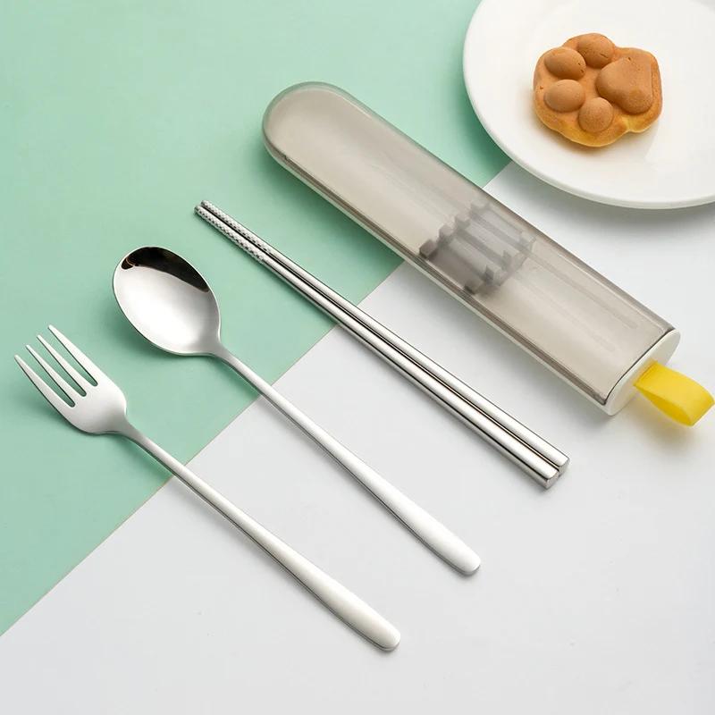 3Pcs Dinnerware Set Spoon Fork Chopsticks Cutlery with Box Portable 304 Stainless Steel Tableware for Travel Camping