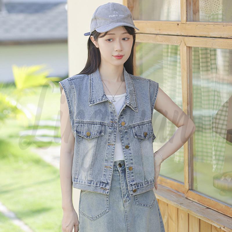 Korean Retro Loose Fit Soft Denim Vest S синий