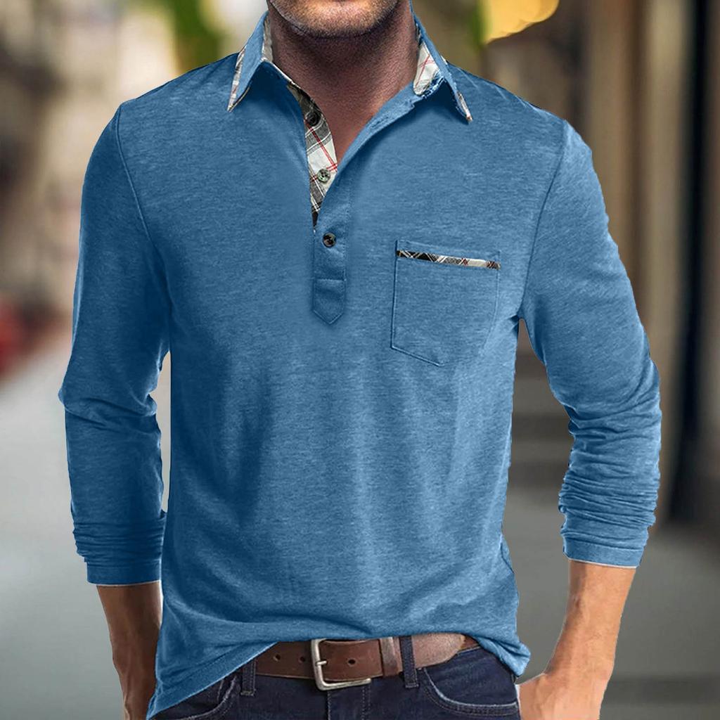 Men's Long Sleeve Casual Polo Shirt with Plaid Trim - Stylish and Comfortable for Everyday Wear