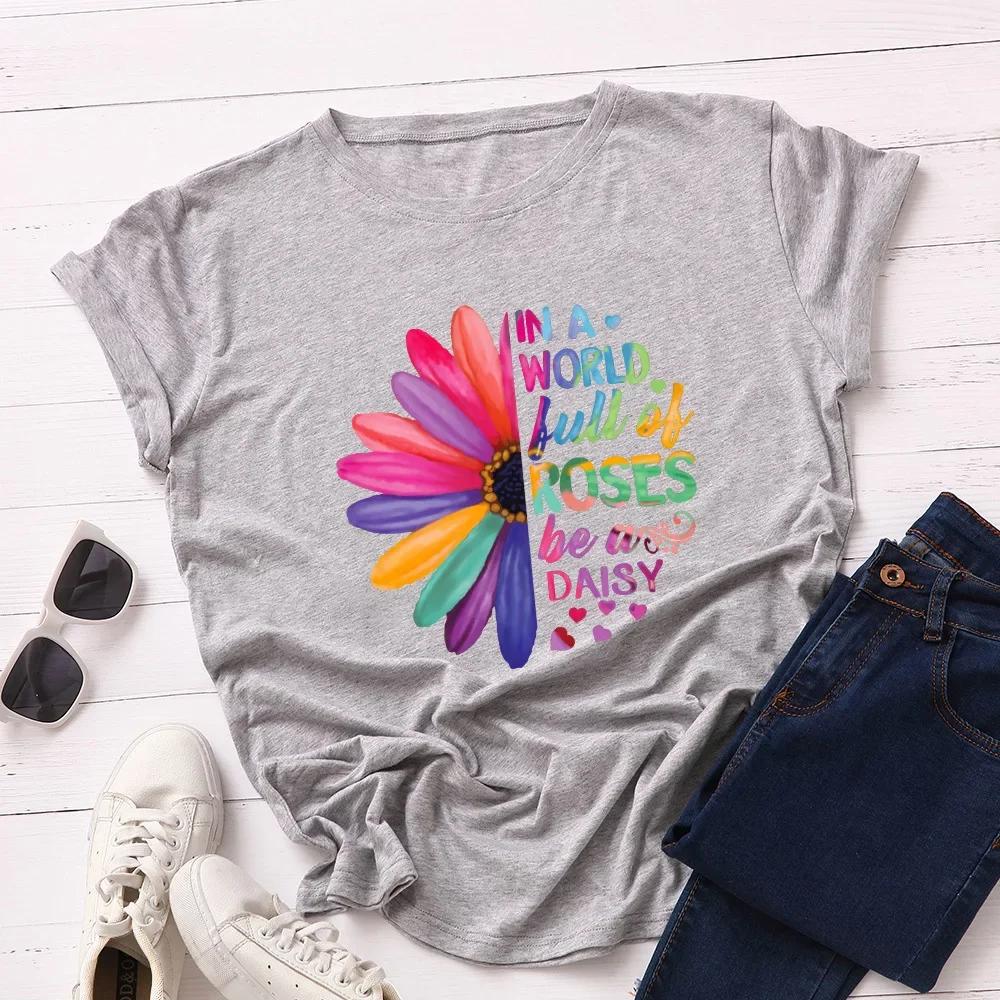 COTTON 100% Women s Loose Round Collar Short Sleeve T-shirt Female Trend Creative Colorful Daisy Sunflower Print Oversized TEE S светло-серый