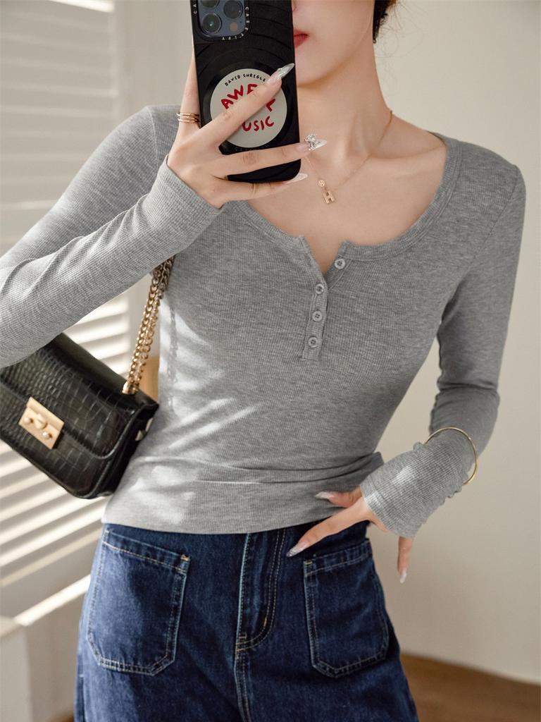 T Shirt Women Long Sleeve Slim Fit Pure Cotton Ribbed Fabric For Autumn Winter Style