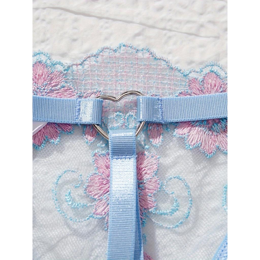 Floral Embroidery Mesh Hollow Out Lingerie Set, Cupless Intimates Bra & Open Crotch Thong, Women's Sexy Lingerie & Underwear