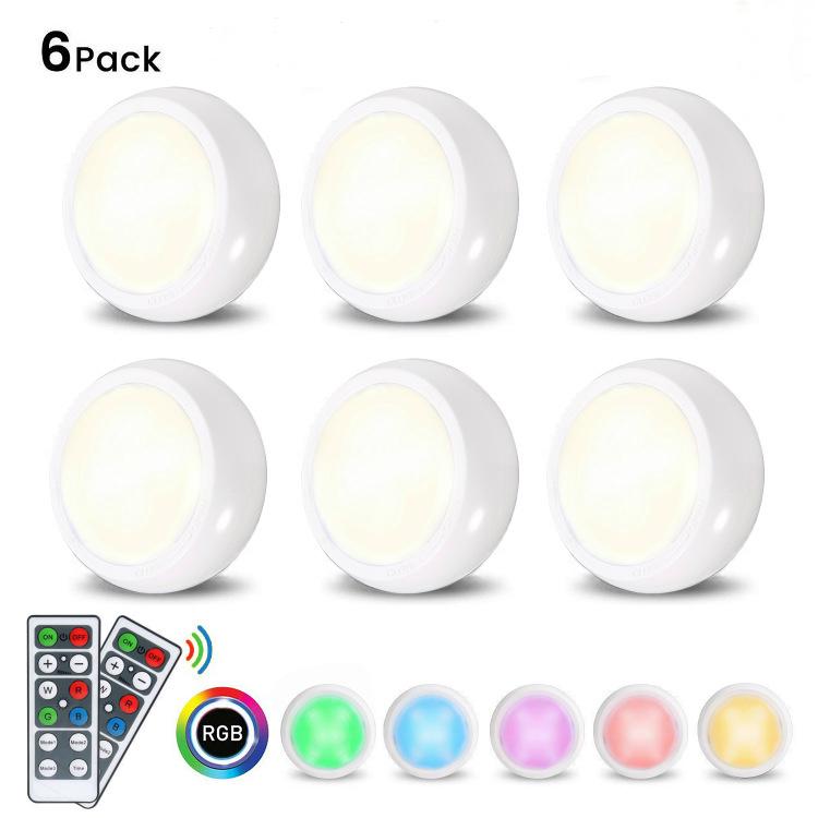 RGB LED Under Cabinet Lamp Puck Light 6 Pack with Remote Control Brightness Adjustable Dimmable Timing Supported 16 Colors Automatic Changing/ Flash