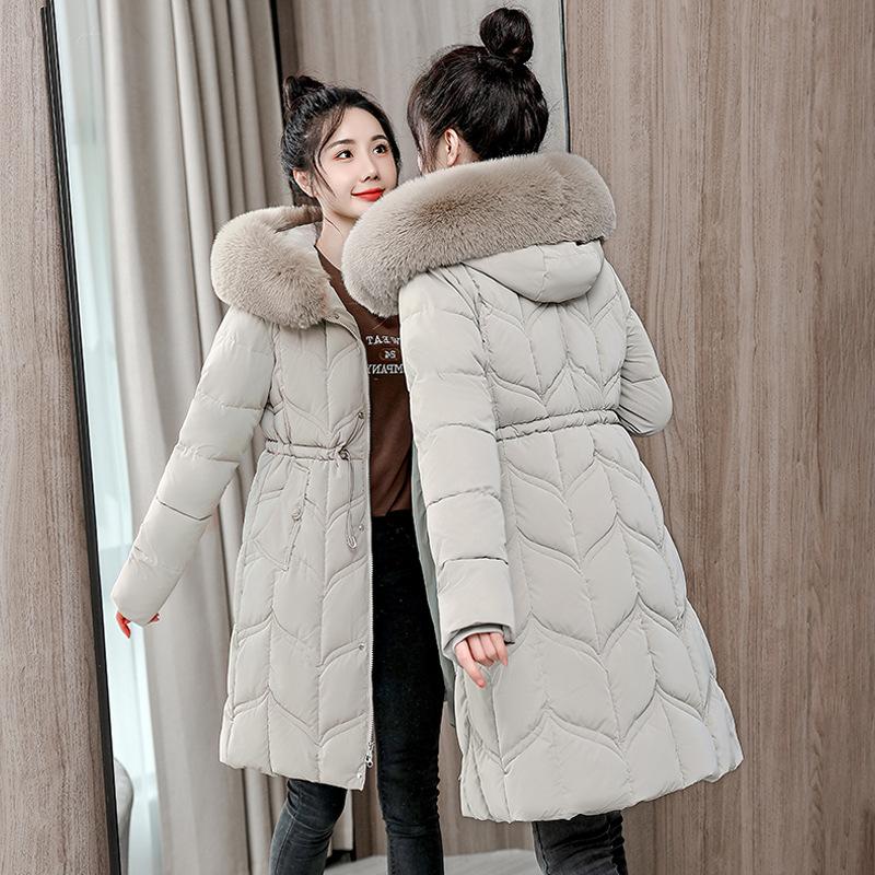 Daunenjacke für Damen Winter Neuer Stil Großer Pelzkragen Mittellang Verdickt Taille Baumwollgepolsterte Jacke