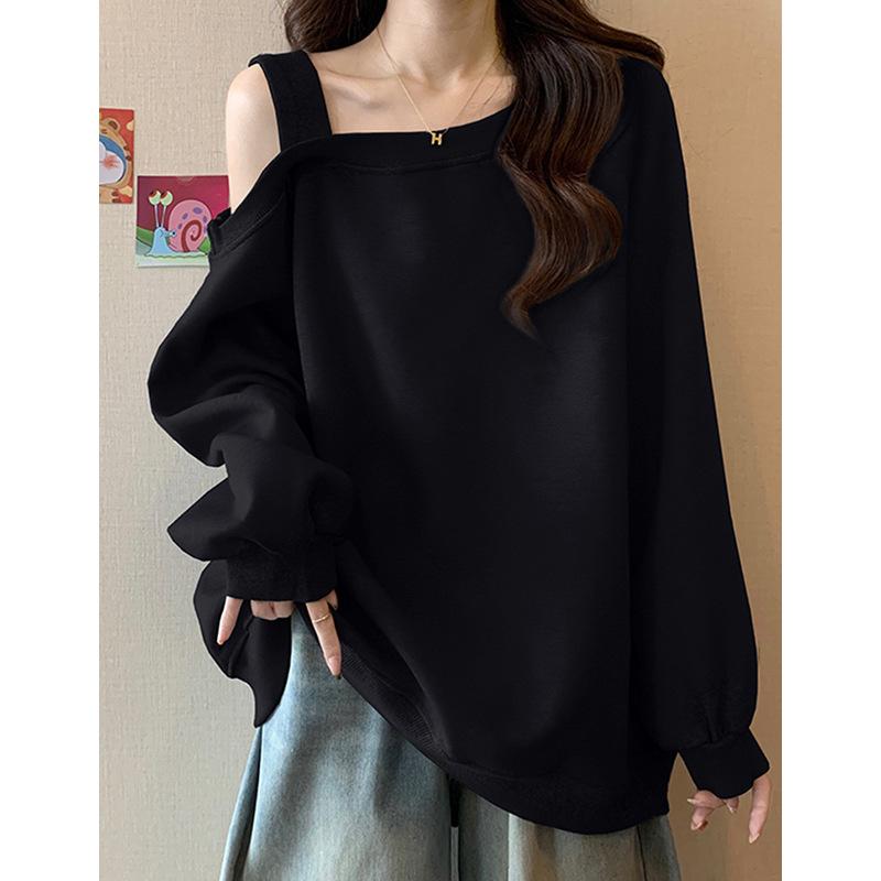 Langarm-Sweatshirt für Damen Frühling Herbst Locker Figurbetont Schick Schrägschulter Oberteil Kapuzenpullover