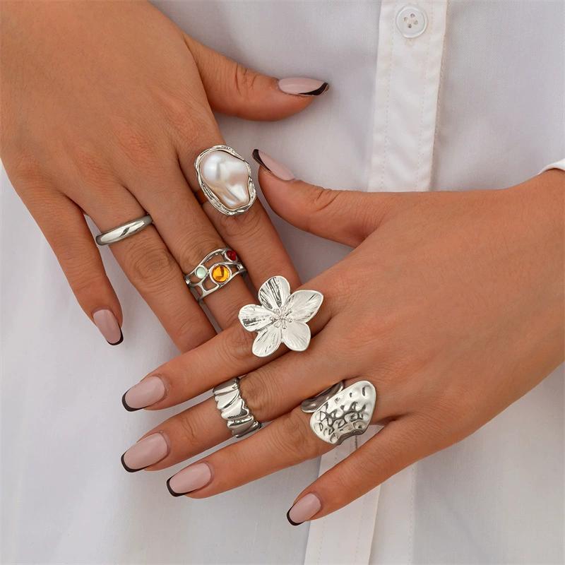 6pcs Ingemark  Irregular Exaggerated Metal Flower Open Rings Women Elegant Baroque Imitation Ring Jewelry Accessories
