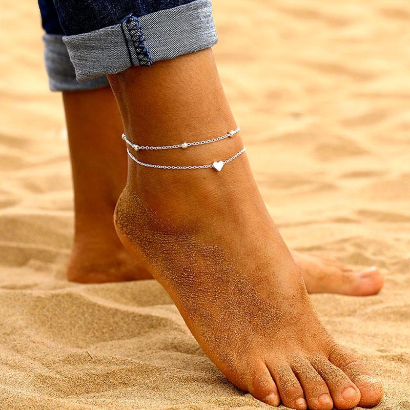 Summer Beach Golden Round Bead Foot Chain Simple Temperament Heart-shaped Anklet Multi-layer Thin Chain Woman
