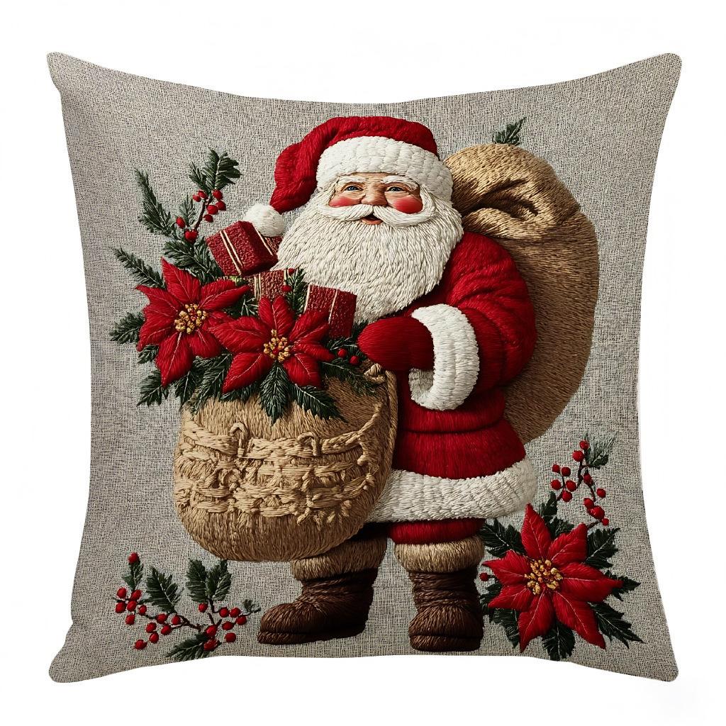 Christmas Embroidered Pillow Covers Set of 4 Santa Deer Snowman Cushion Cases Winter Holiday Sofa Decor (No Insert)