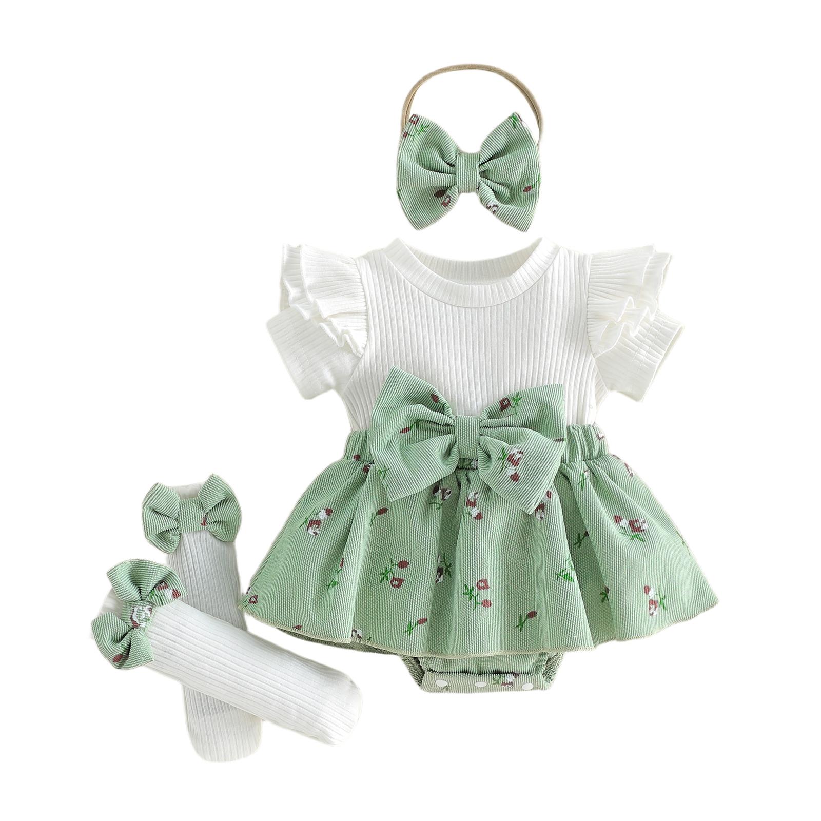 

Baby Clothing Girls Summer Outfits Short Sleeve Skirt Romper + Long Socks + Headband Set Newborn Clothes 3-6M