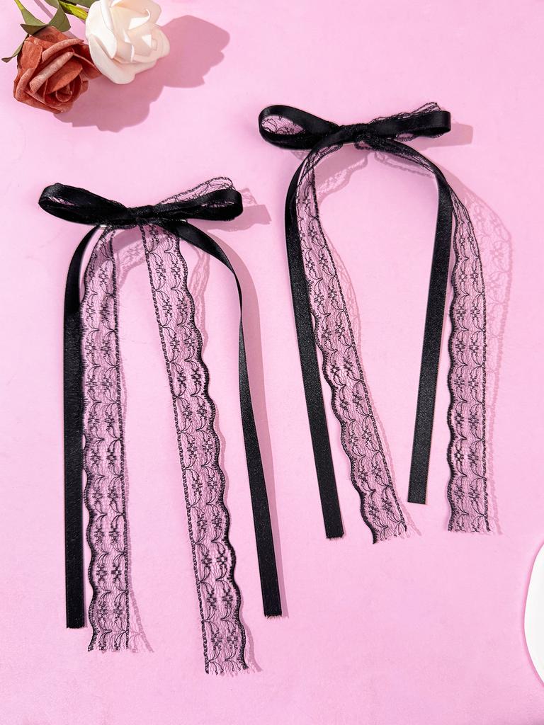 2pcs Ballet Style Lace Bow Ribbon Hair Clip, Sweet Girl's Double Ponytail Hair Clip, Sweet and Cool Style Hair Accessory