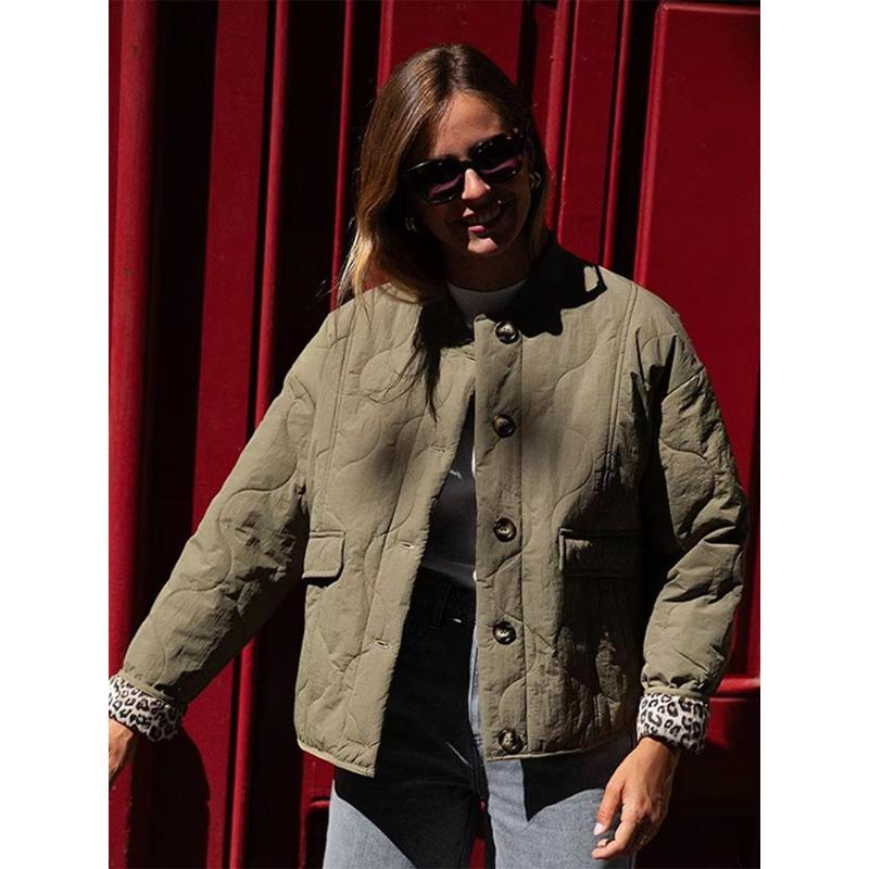 New Women's Autumn Winter Jacket Loose Leopard Print Quilted Cotton Long Sleeve Single Breasted Versatile Outerwear