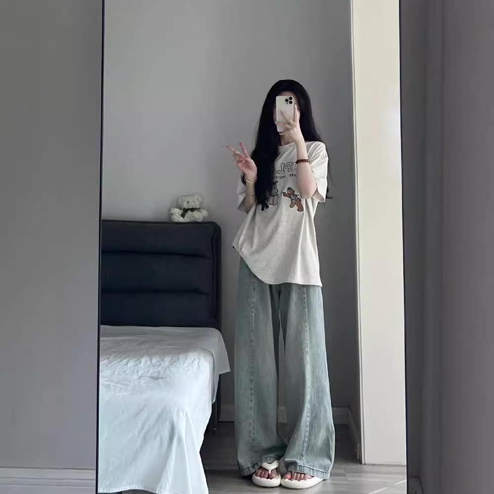 High-Waist Retro Drape Jeans for Women - Petite Loose Straight Wide-Leg Pants, Perfect for Spring & Autumn.