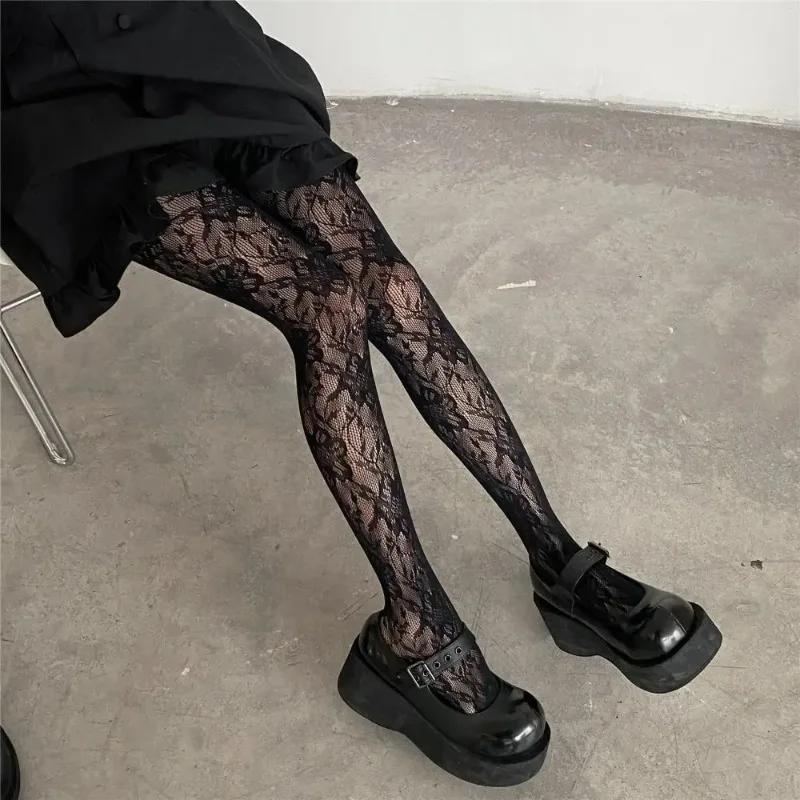 Y2K Mode Gotisch Blume Ausgeschnitten Sexy Strumpfhose Damen Netzstrumpfhose Weinrot Ins Mädchen Jk Strumpfhosen Hohe Elastizität Hipster Leggings One Size white