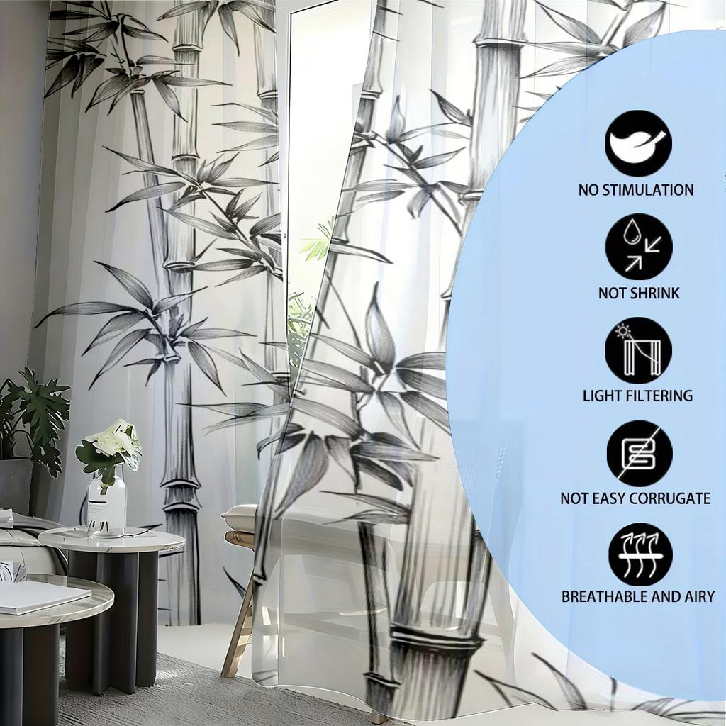 2Pcs Sheer Curta, Black Ink Bamboo Print, Door/Window Curta, Print Curta For Bedroom Decor