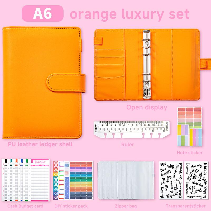 A6 PU Leather Six-Ring Loose-Leaf Binder with Zipper Pockets and Planner