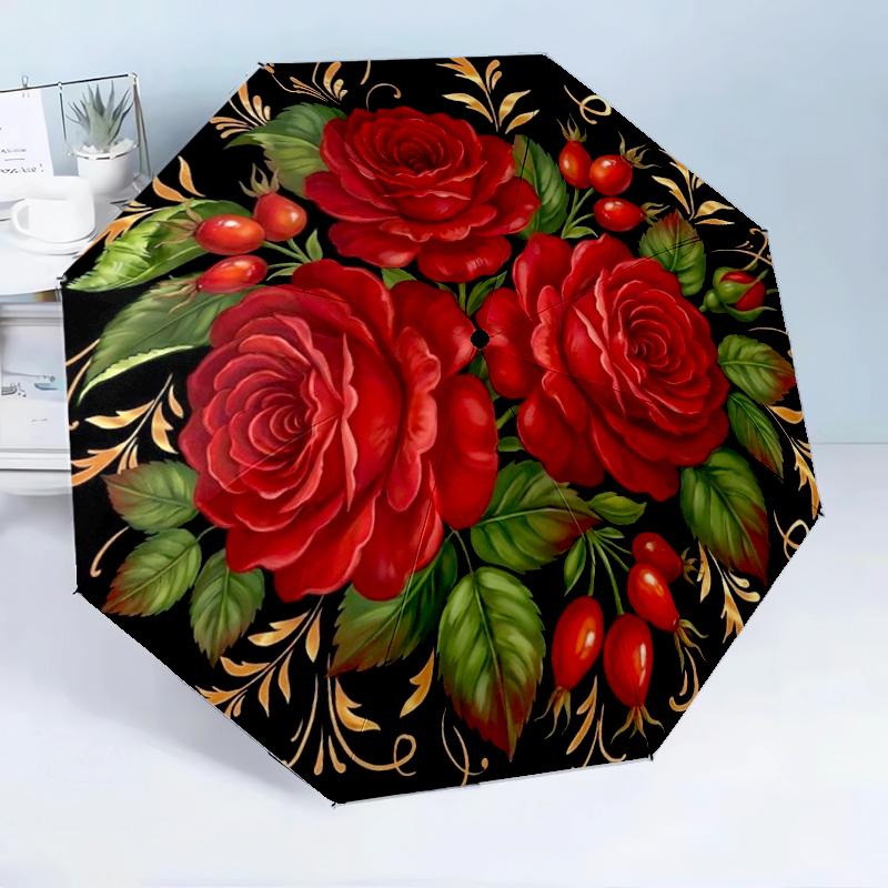 Roses And Berries Design 8-Frame for Travel, Camping, Casual Lightweight Portable Umbrella, Essential for Every Family Holidays Birthday Gift