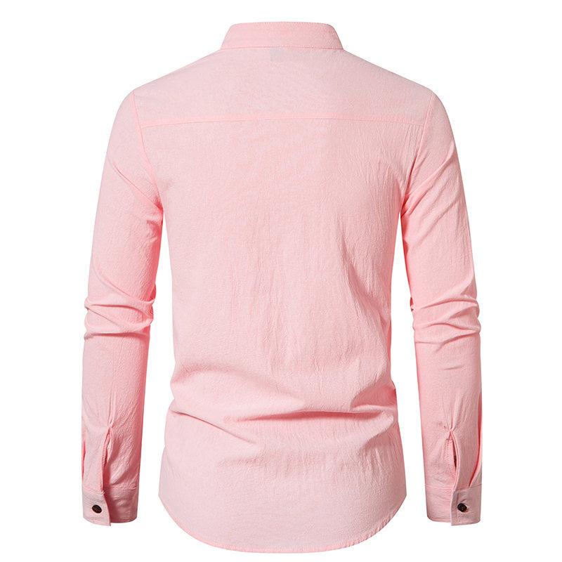 Bavlněná lněná košileNová pánská vintage bavlněná lněná krepová košile s límečkem Henley