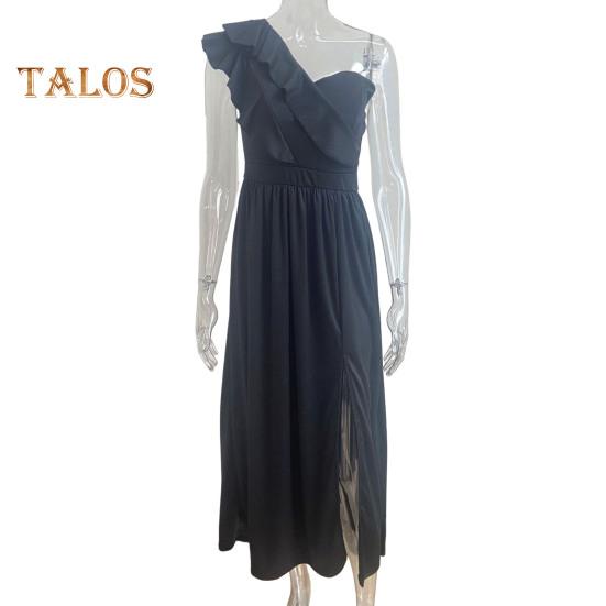 Dámské večerní šaty nařasené na jednom rameni plisované s vysokým pasem jednobarevné bez rukávů střih do A s velkým lemem Prom Cocktail Party Maxi společenské společenské šaty