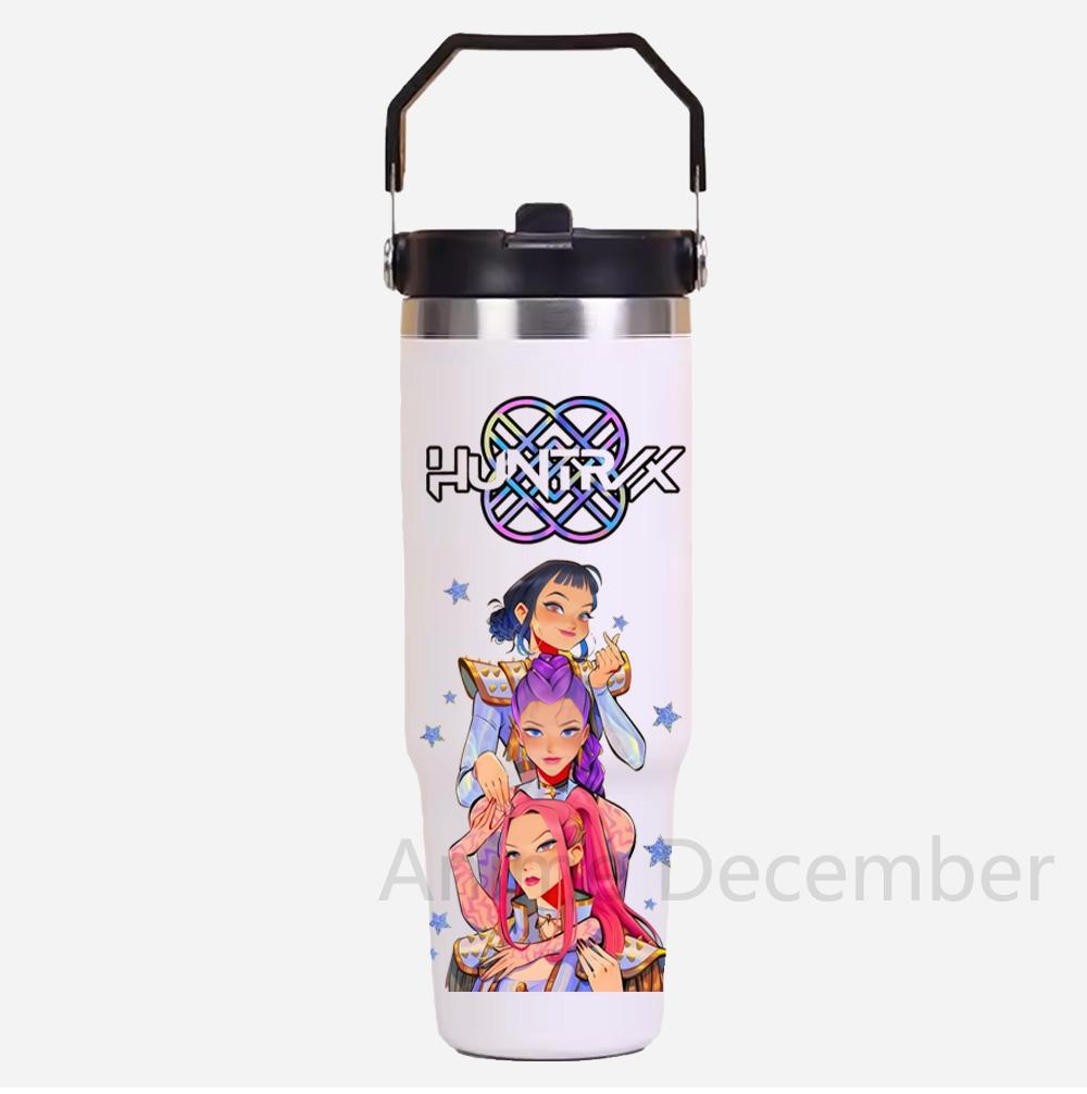 30Oz K-Pop Portable Car Cup Stainless Steel Thermos Cup with Straw Travel Sports Water Bottle with Handle Cover Coffee Vacuum Flask