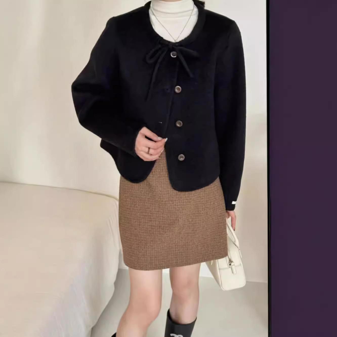 

Новое осенне-зимнее двухстороннее шерстяное пальто, маленькое однотонное шерстяное пальто без воротника с завязками S