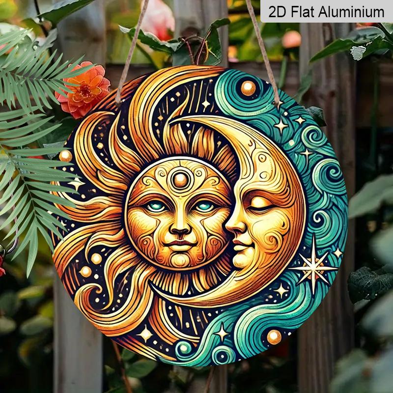 

2D Flat Aluminum Wall Art with Vintage Sun and Moon Design 7.87 Inches X 7.87 Inches Perfect for Gardens, Farmhouses, Bars, Cafes, Parties, Front 1pc