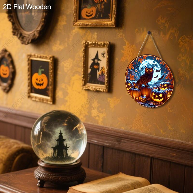 Halloween Owl Pumpkin Moon Round Flat Wooden Hanging Sign