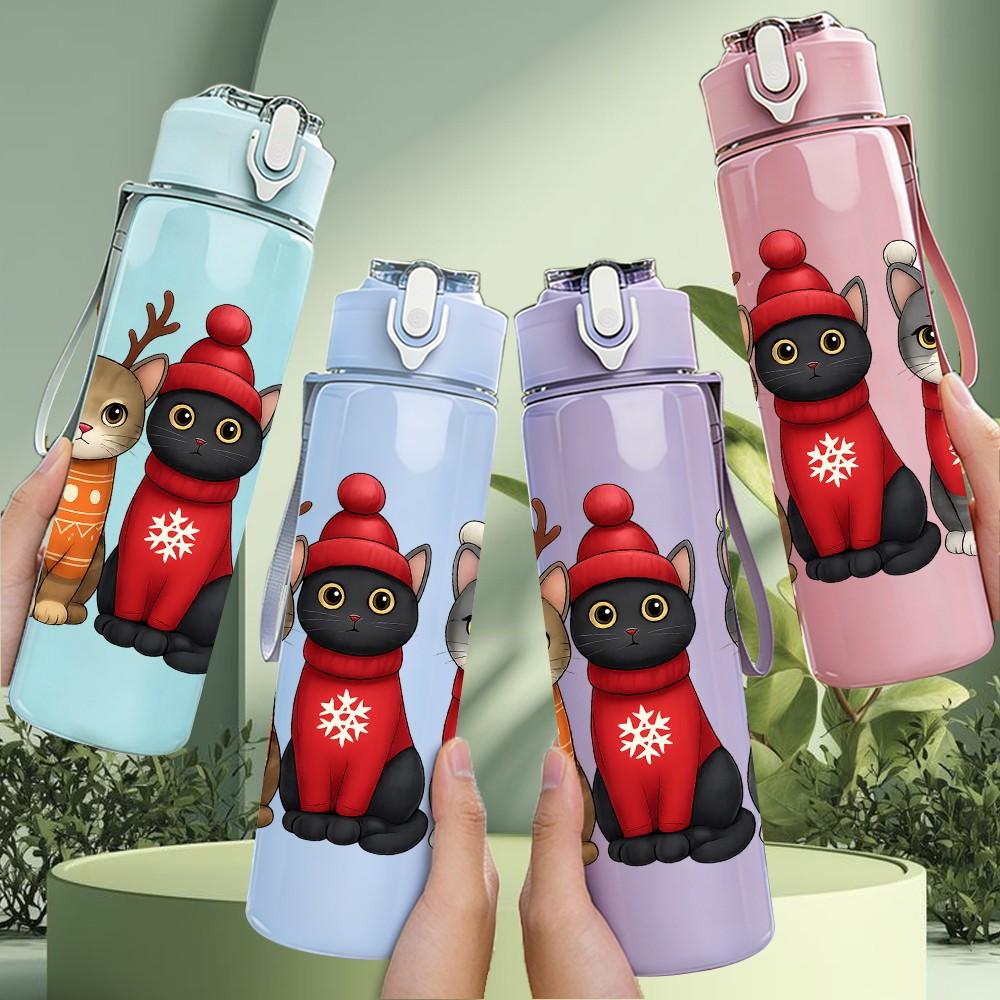 1PC Three Cat Winter Scarf Art 750ml Color Plastic Sports Water Bottle Leakproof Flip Straw Lid Suitable for Sports Office Home Use