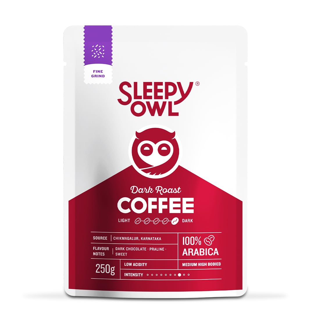 Sleepy Owl Dark Roast Ground Coffee | Fine Grind Coffee | Suitable for Moka Pot, Home Espresso brewing | 100% Arabica | Freshly Roasted & Ground