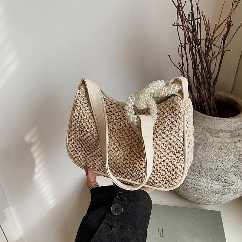 

Летние Плетеная Солома Однотонные Ажурные Сумки-Сумки на Молнии Женские Сумки через Плечо 2026 Швейные Пляжные Универсальные Женские Сумки бежевый