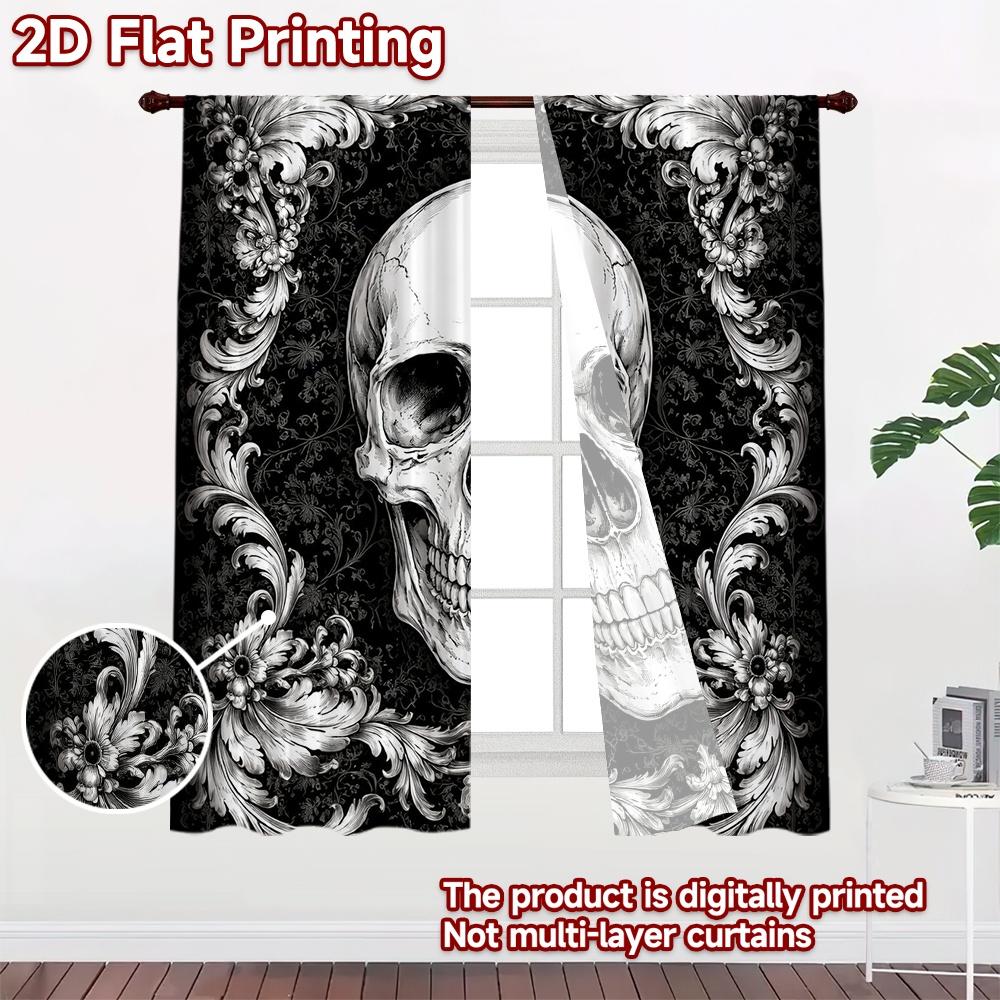 2D FLAT PRINTING 2pcs Curtains (Without Rod) Halloween Skull Floral Frame Modern Curtains Digital Printed 100% Polyester