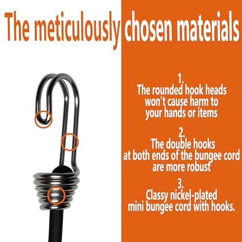 Mini Elastic Bungee Cords with Double Hooks - 10 Inch Black Latex Polypropylene Stretch Rope Set of 16 for Outdoor Camping Tents Truck Tie Down
