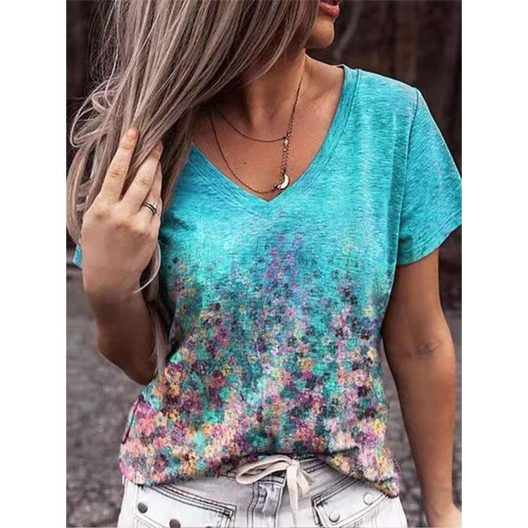 DAFIFY Camisetas y tops con cuello en V de manga corta con estampado de flores informales de verano a la moda para mujer