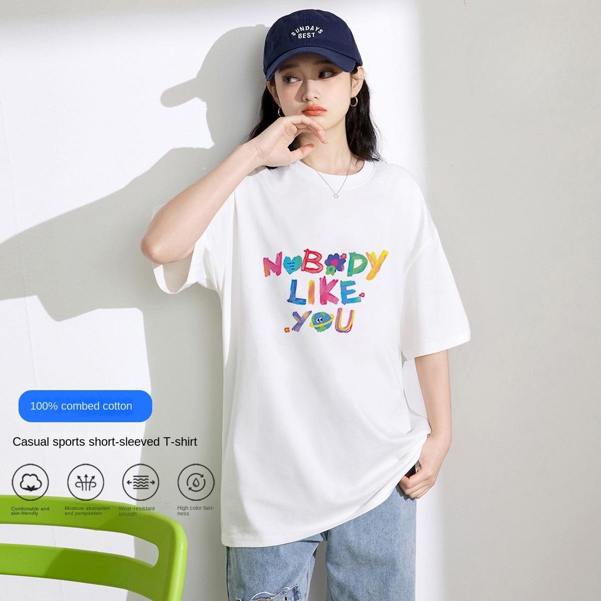 Летняя хлопковая футболка с коротким рукавом с буквенным принтом — фото 15