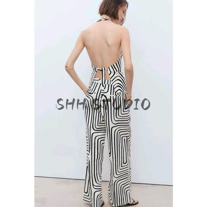 Open Back Hanging Collar Vest 17071150 Cotton and Linen Blended Geometric Pattern Floral Print Casual Jumpsuit 17061155