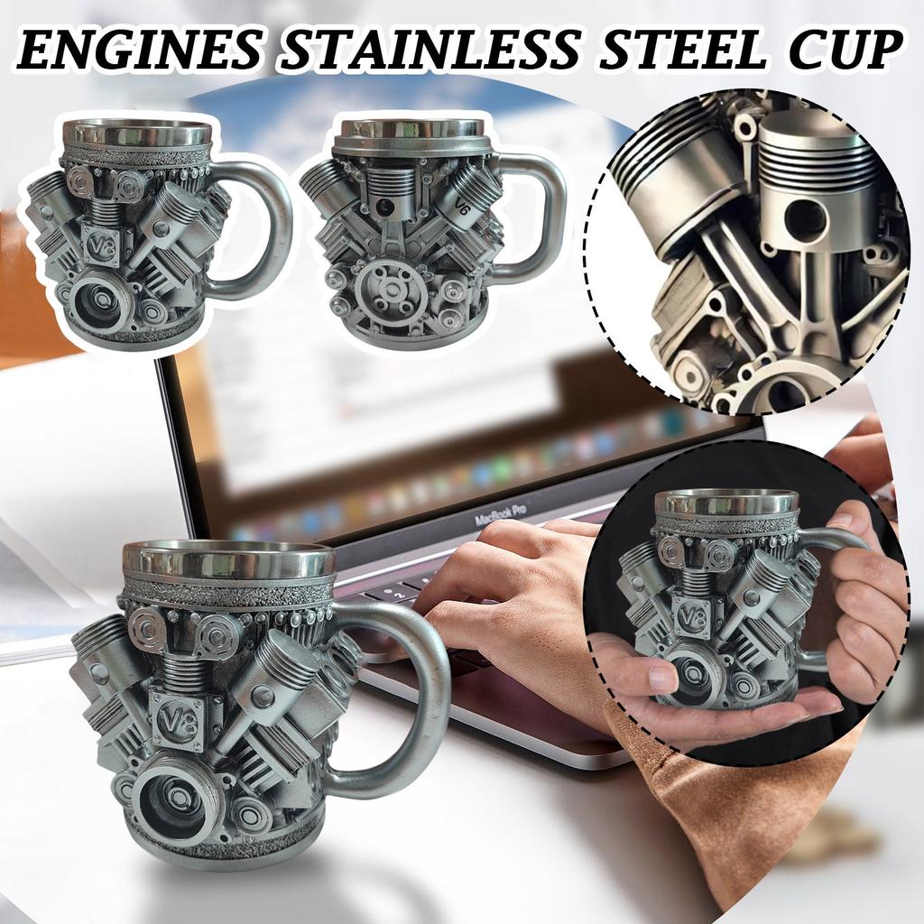 V6 Engine Piston Mug Unique Automotive Design Coffee Cup for Car Enthusiasts, Durable Metal Finish, 12 oz Capacity