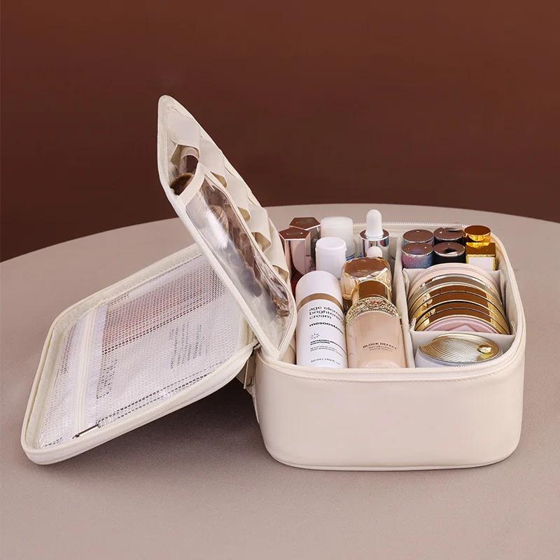 PU Large Capacity Women Tote Makeup Bag Portable Travel Organizer Tolietry Cosmetic Storage Bag Ladies Double Layer Pouch