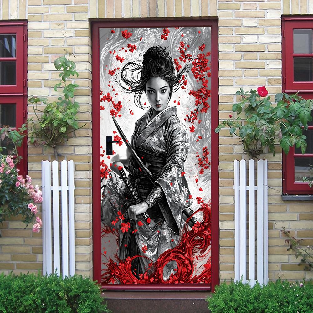 

1pcs Japanese ukiyo-e samurai sword geisha door stickers and wind cherry blossom decoration stickers, living room bedroom entran (as the picture,77x200cm)