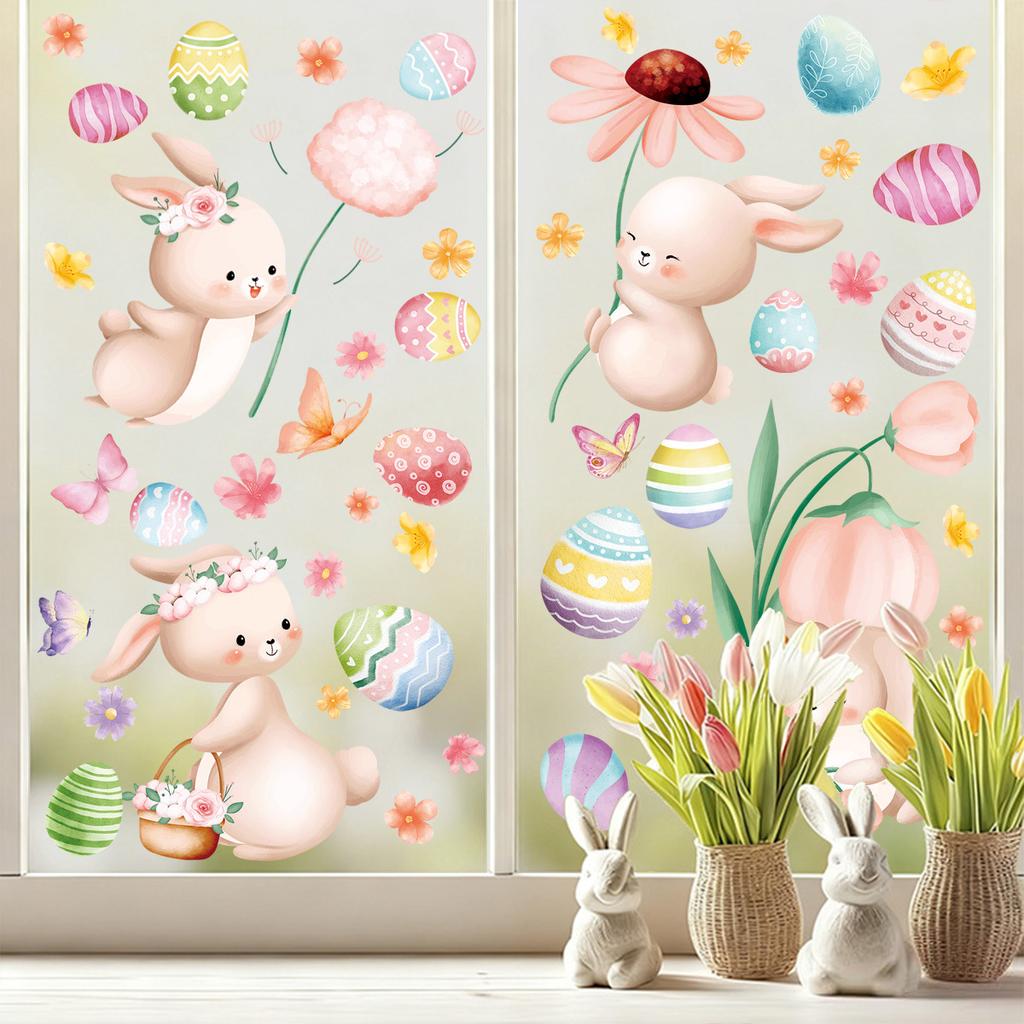 New 2026 Easter Bunny Egg Static Cling Window Stickers Decorative Window Decals for Glass Home Easter Decor Wall Clings Shop Window Glass