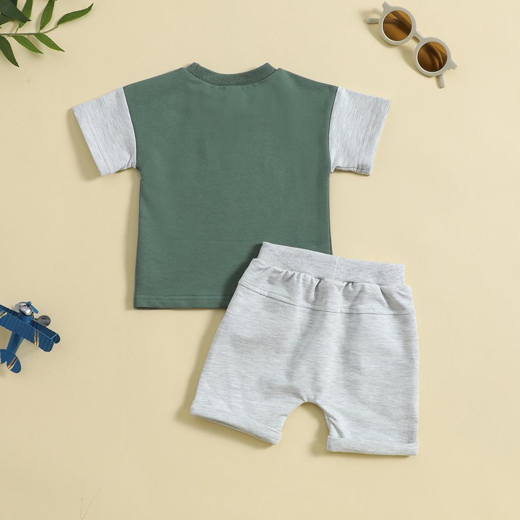 Summer Children's Wear Crewneck Letter-printed Top Solid Color Shorts Two-piece Set
