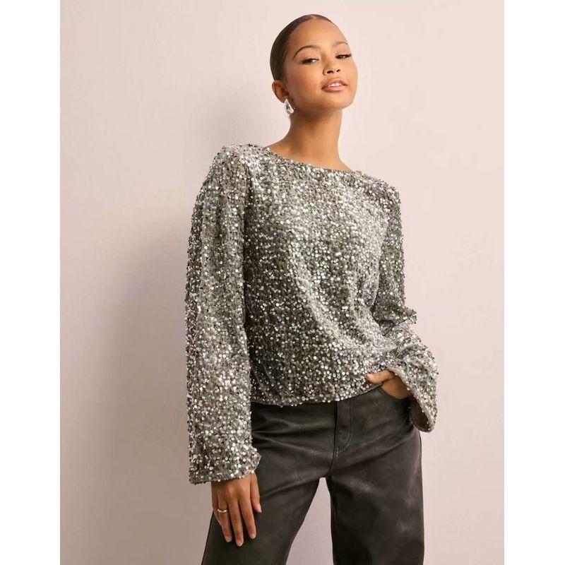

Fashion Style New Arrival Fashion Elegant round Neck Sequins Shoelace Shirt Sequined Lace up Bow Top Gray XL