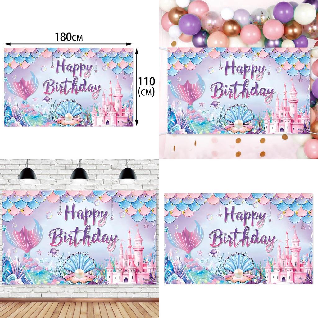 Mermaid Theme Birthday Backdrop Fabric For Kids Party Decoration Photo Prop